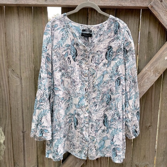 Tahari 100% Linen Plus Size Boho Floral Bird Print Button Front Tunic Blouse - Picture 1 of 8